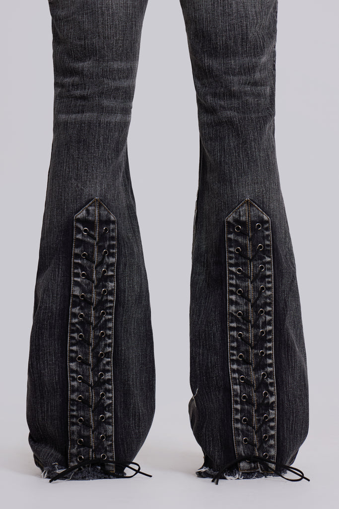 Washed Black Laced Flared Jeans