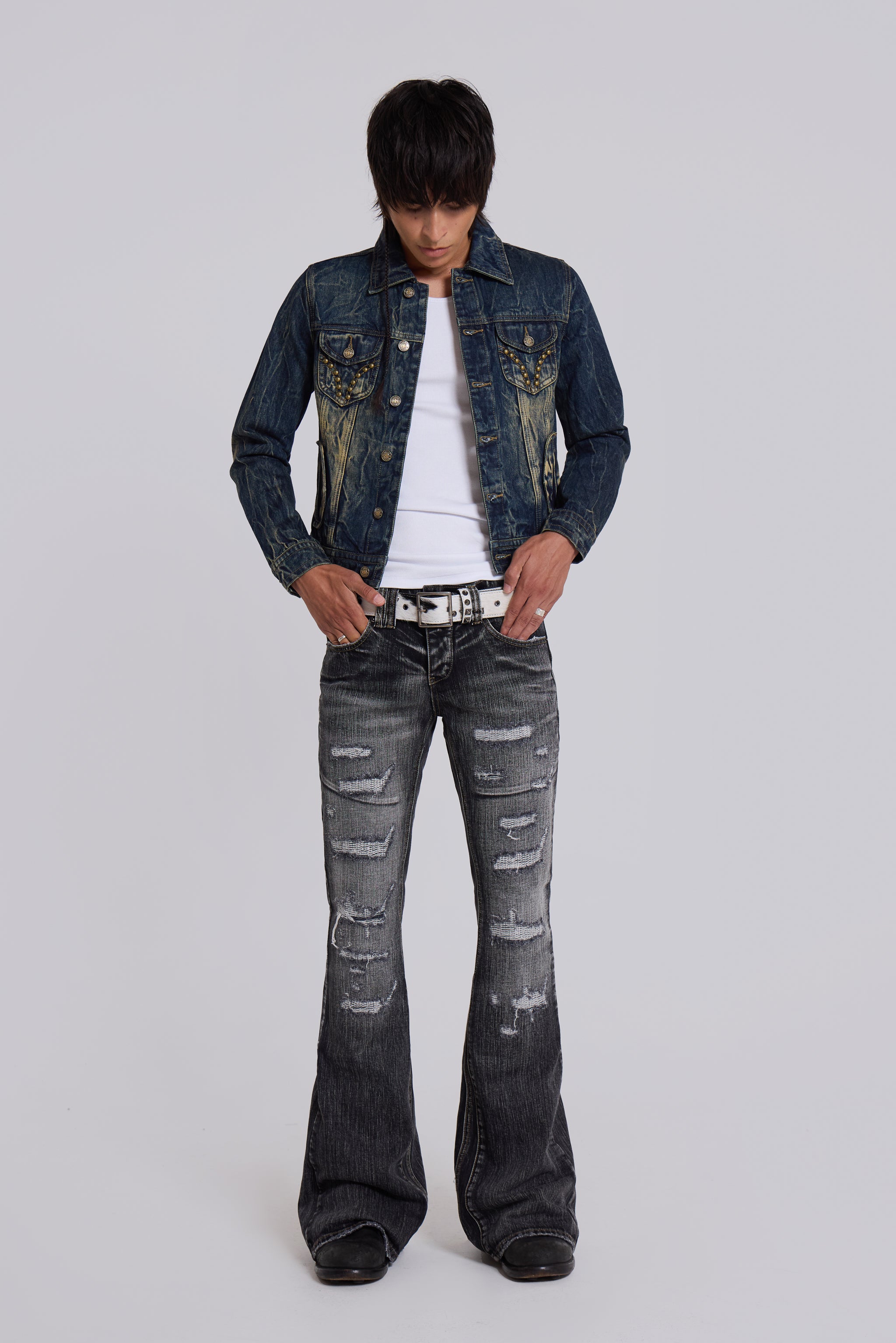 Washed Black Laced Bootcut Jeans