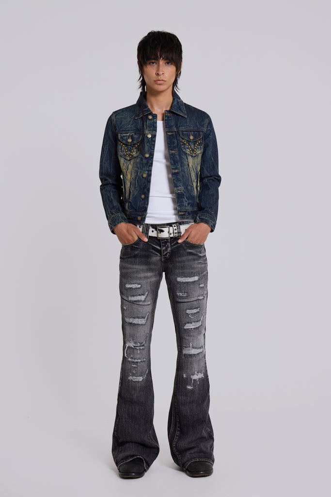 Washed Black Laced Flared Jeans