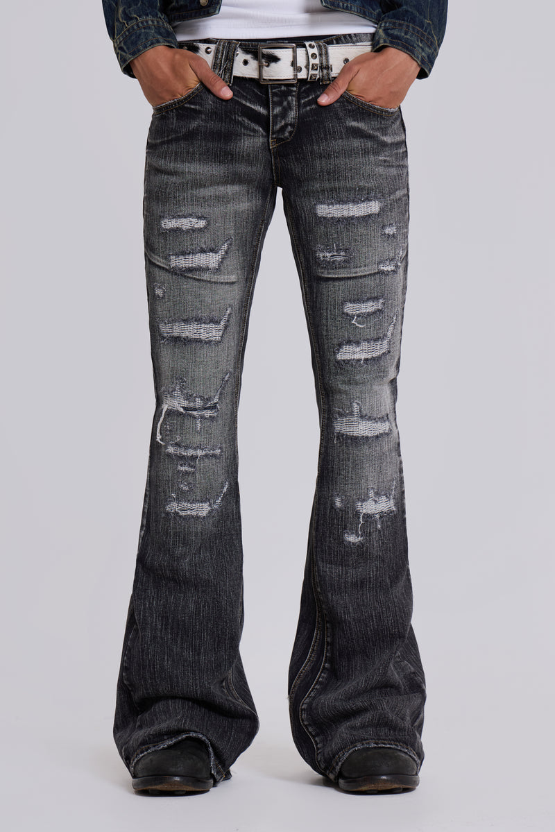 Washed Black Laced Flared Jeans