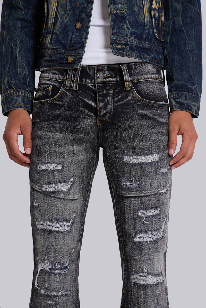 Washed Black Laced Flared Jeans