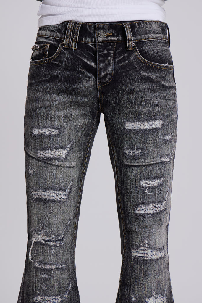 Washed Black Laced Flared Jeans