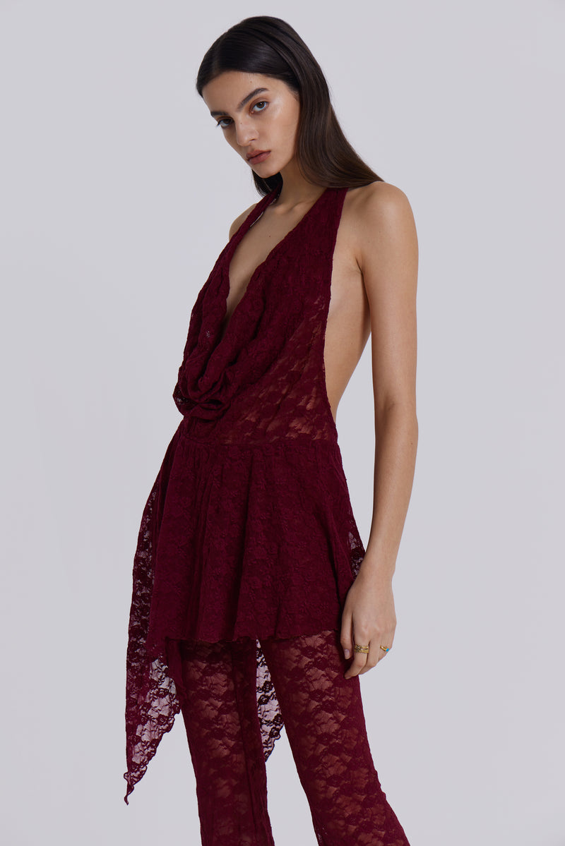 Burgundy Lace Cowl Neck Plunge Hooded Jumpsuit