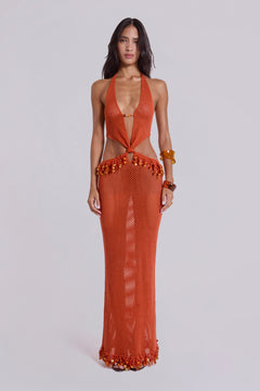Naida Beaded Crochet Maxi Dress - M / Orange