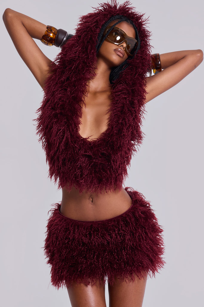 Haka Mongolian Faux Fur Backless Top in Wine