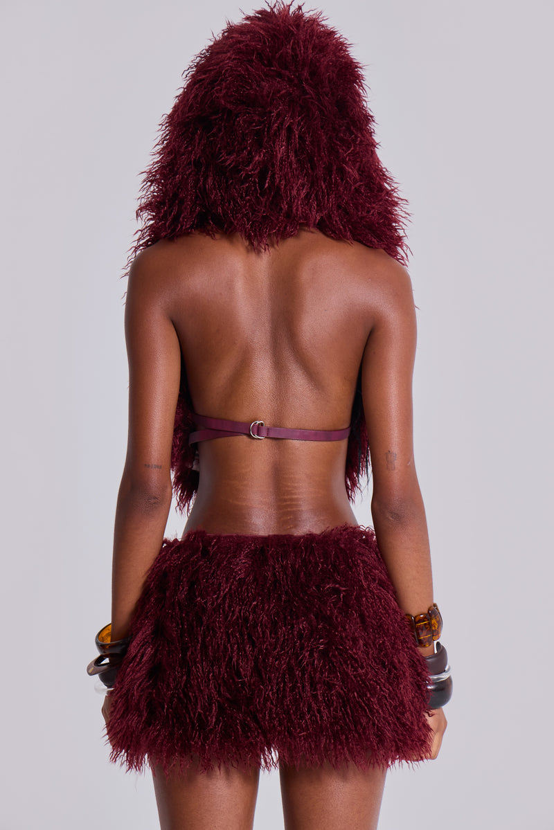 Haka Mongolian Faux Fur Mini Skirt in Wine