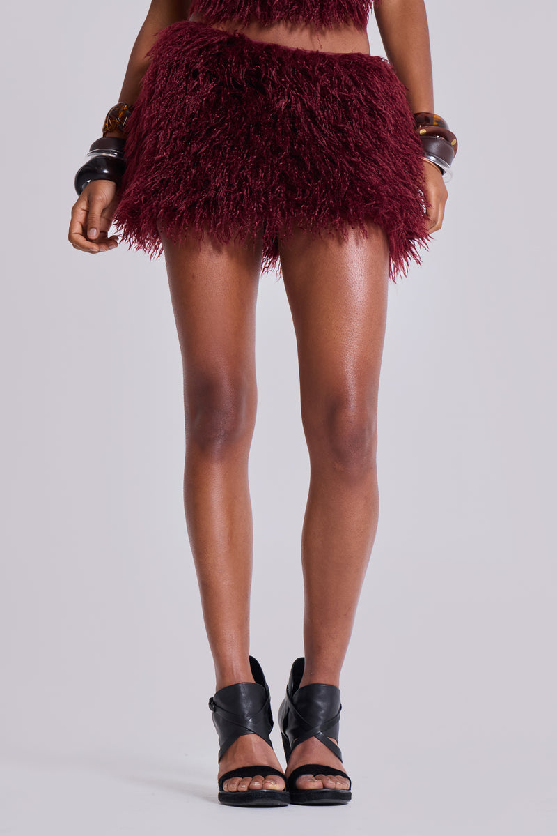 Haka Mongolian Faux Fur Mini Skirt in Wine