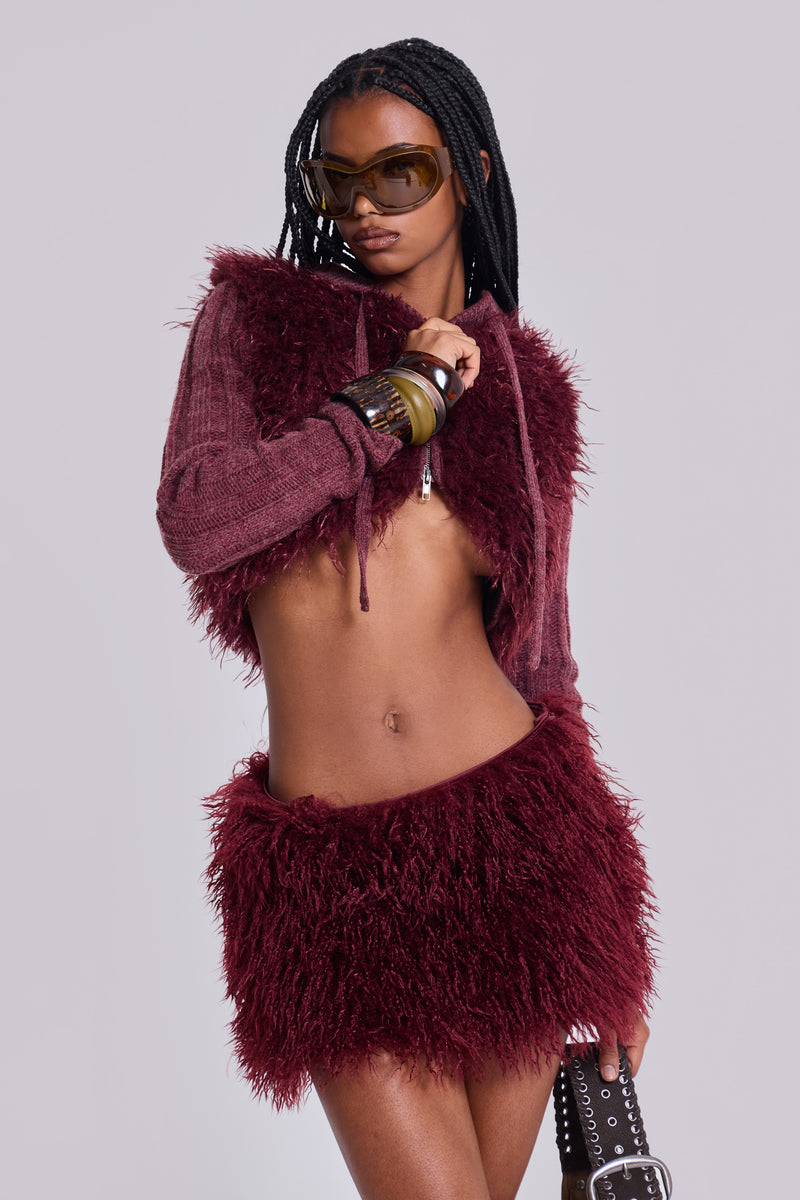 Haka Mongolian Faux Fur Knit Shrug in Wine