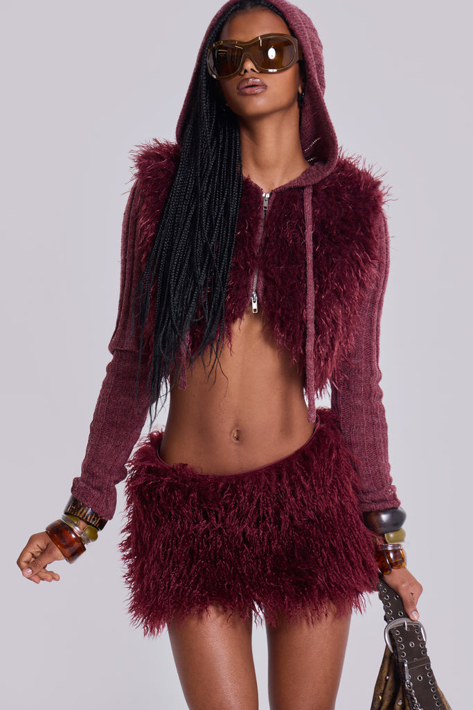 Haka Mongolian Faux Fur Mini Skirt in Wine