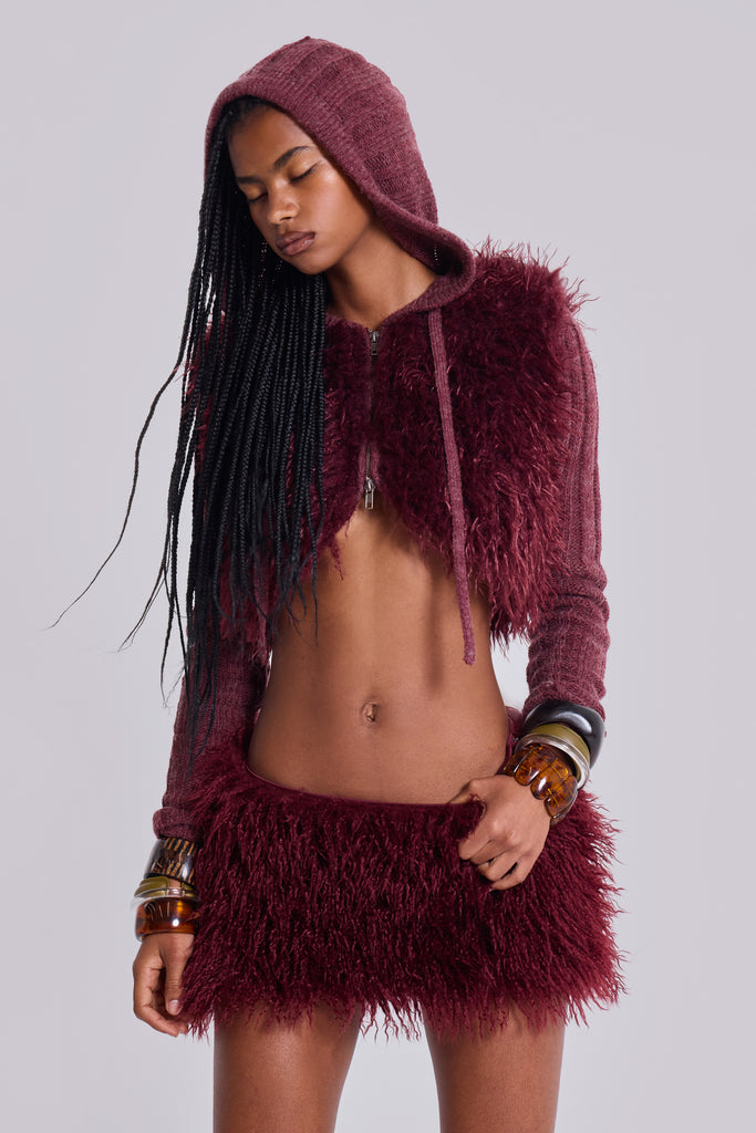 Haka Mongolian Faux Fur Knit Shrug in Wine