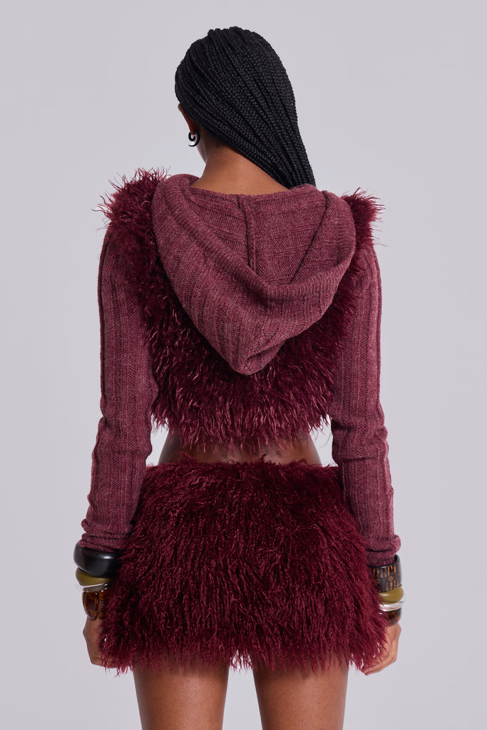 Haka Mongolian Faux Fur Knit Shrug in Wine