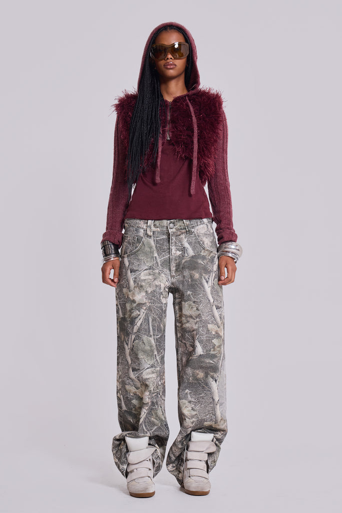 Haka Mongolian Faux Fur Knit Shrug in Wine