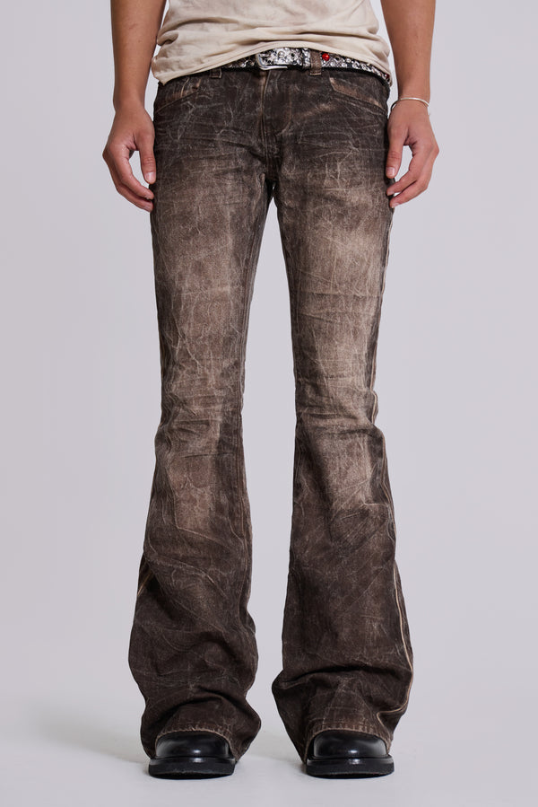 Brown Creased Drift Flared Jeans