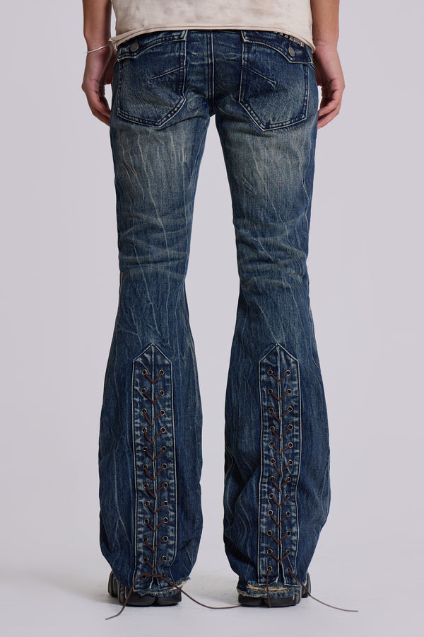 Washed Blue Laced Flared Jeans