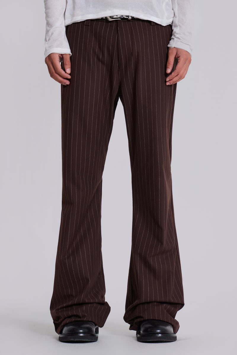 Brown Pinstripe Stacked Bootcut Suit Pants