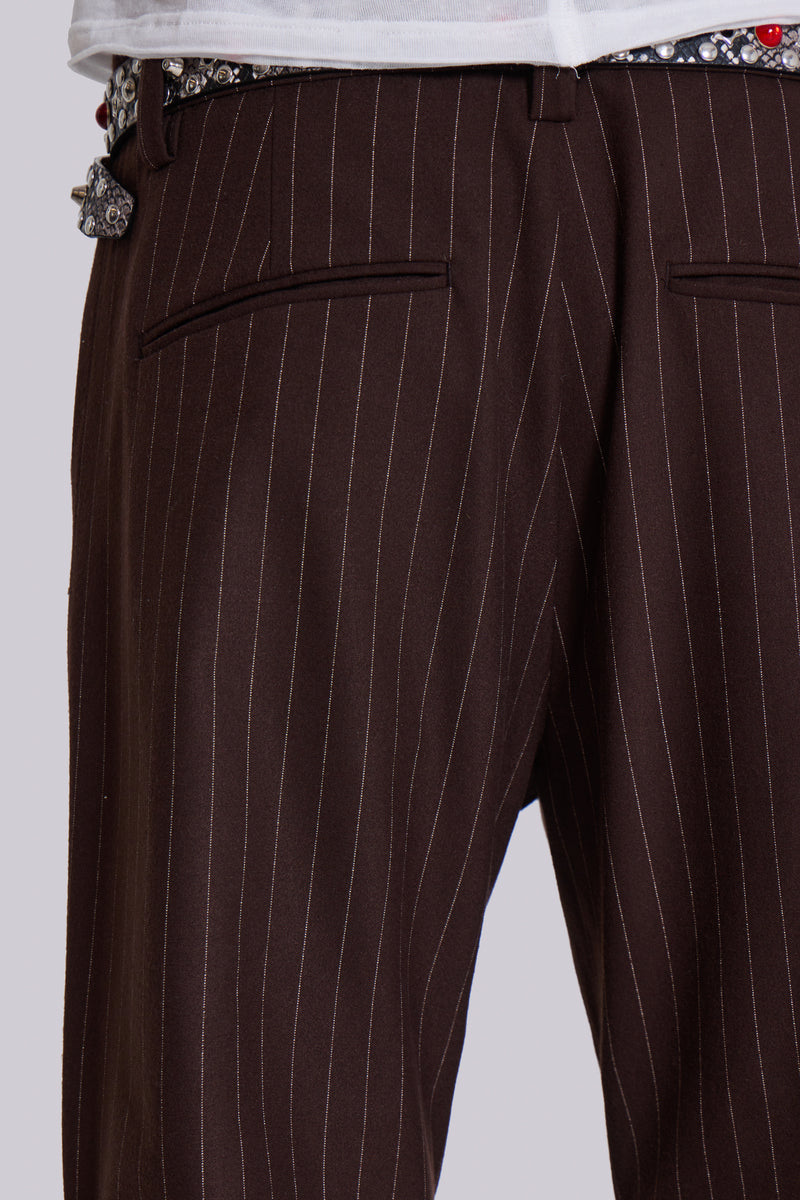 Brown Pinstripe Stacked Bootcut Suit Pants