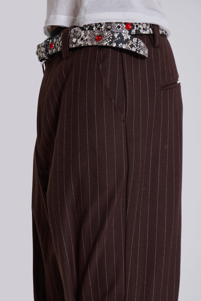 Brown Pinstripe Stacked Bootcut Suit Pants