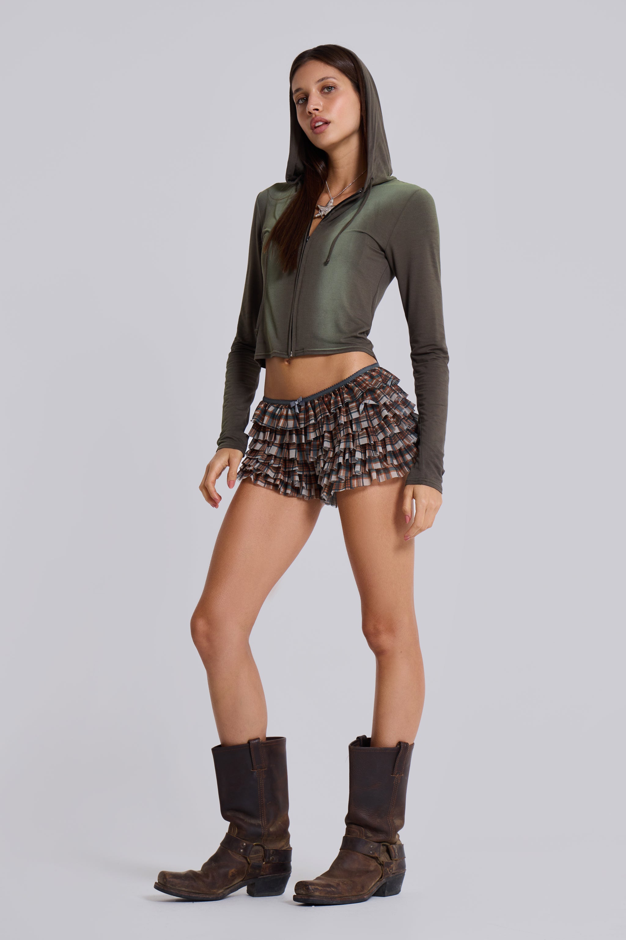 Brown Checked In Rhea Mesh Bloomer Shorts