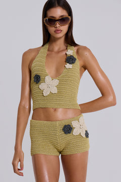 Vine Crochet Plunge Top With Flower Detail - M / Green