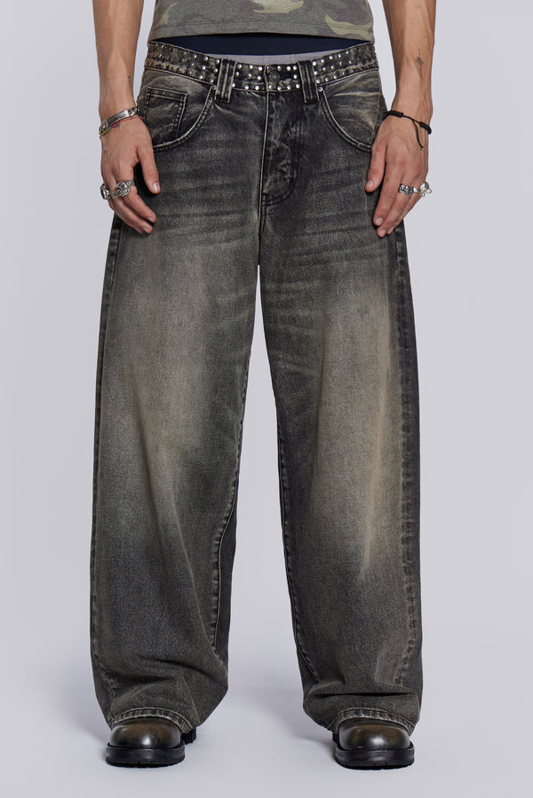 Jeans - New Men's Oversized Chain Detailed Baggy Jeans Smoked