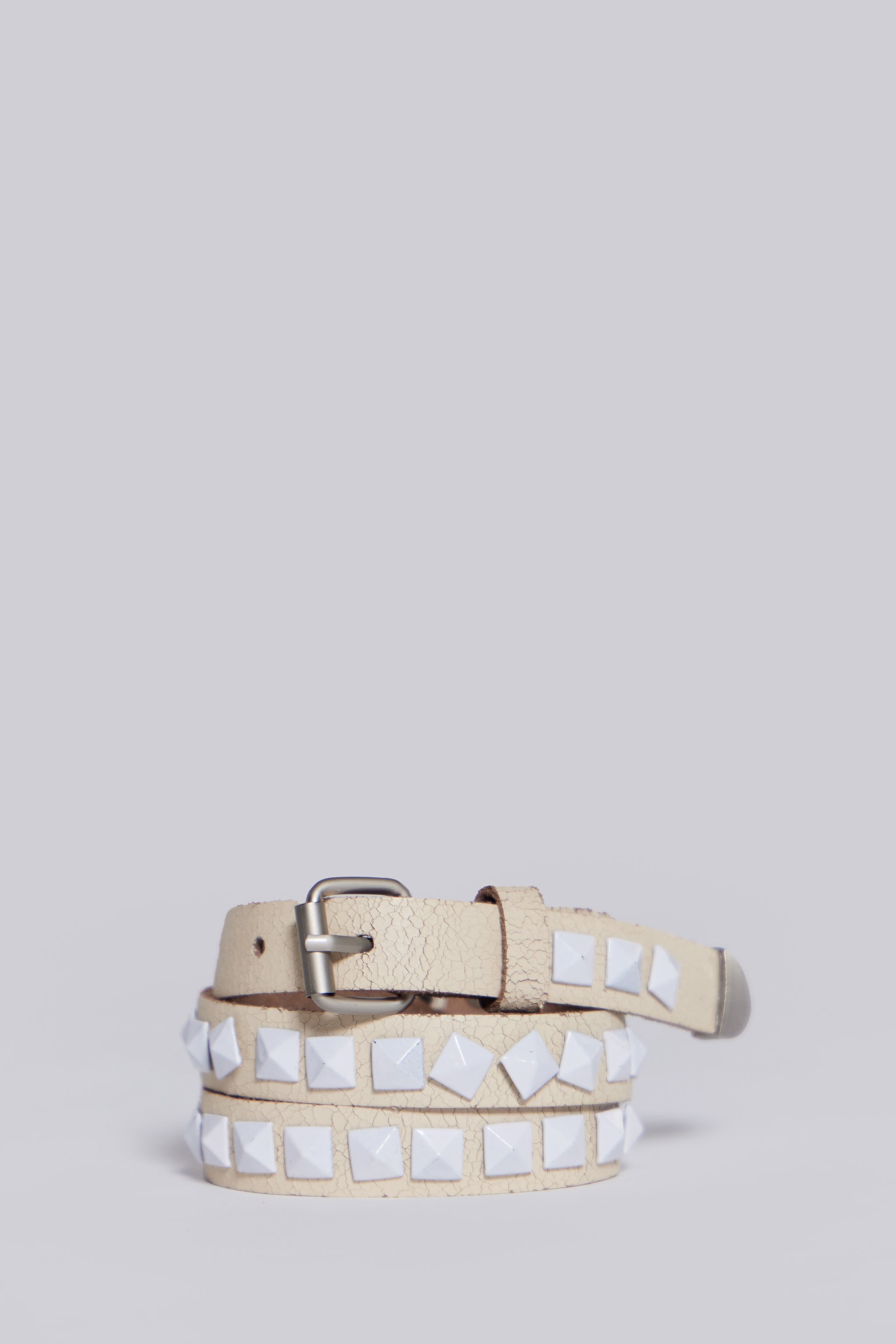 Pyramid Stud Cracked Off White Leather Belt