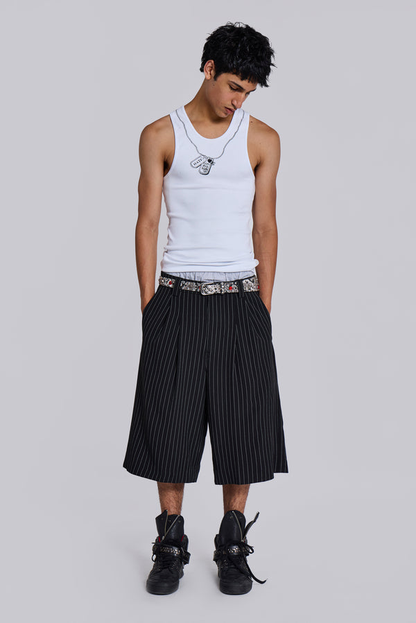 Black Pinstripe Goliath Baggy Shorts