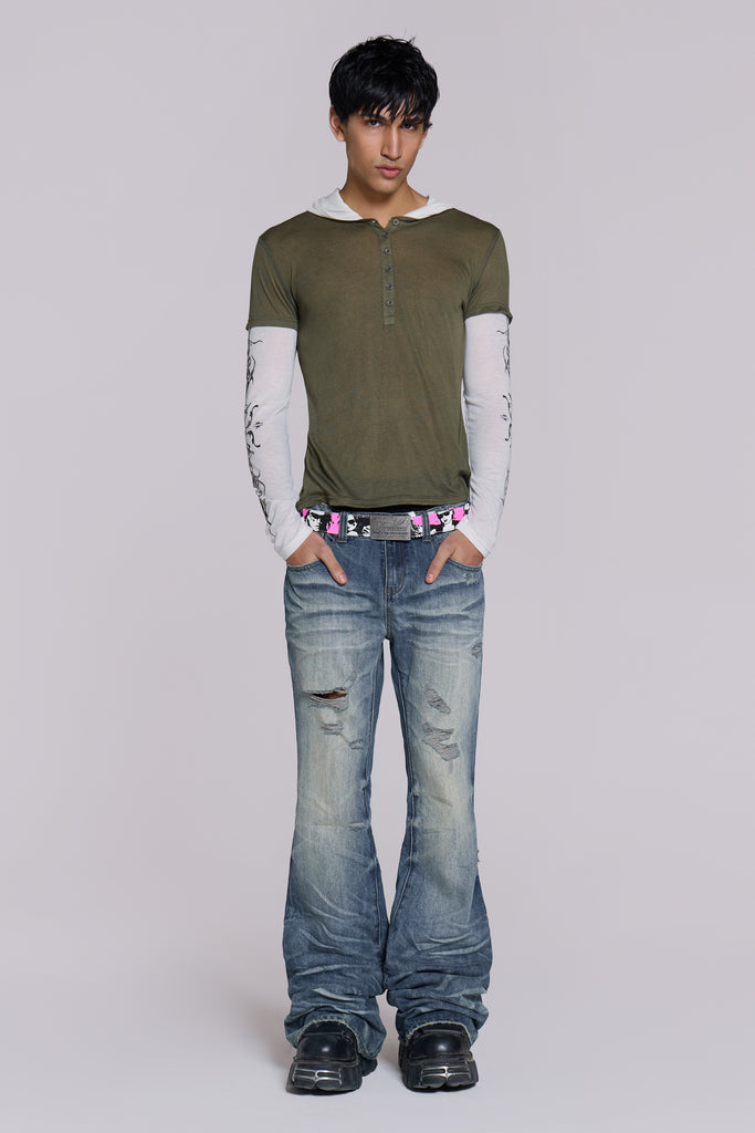 Mid Blue Distressed Creased Drift Flared Jeans