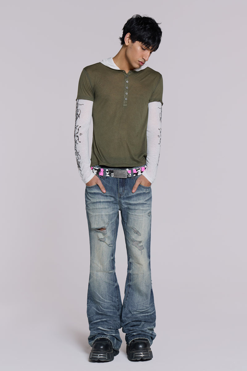 Mid Blue Distressed Creased Drift Flared Jeans