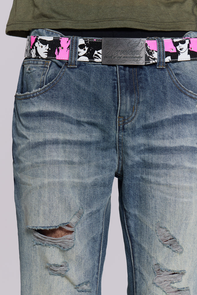 Mid Blue Distressed Creased Drift Flared Jeans