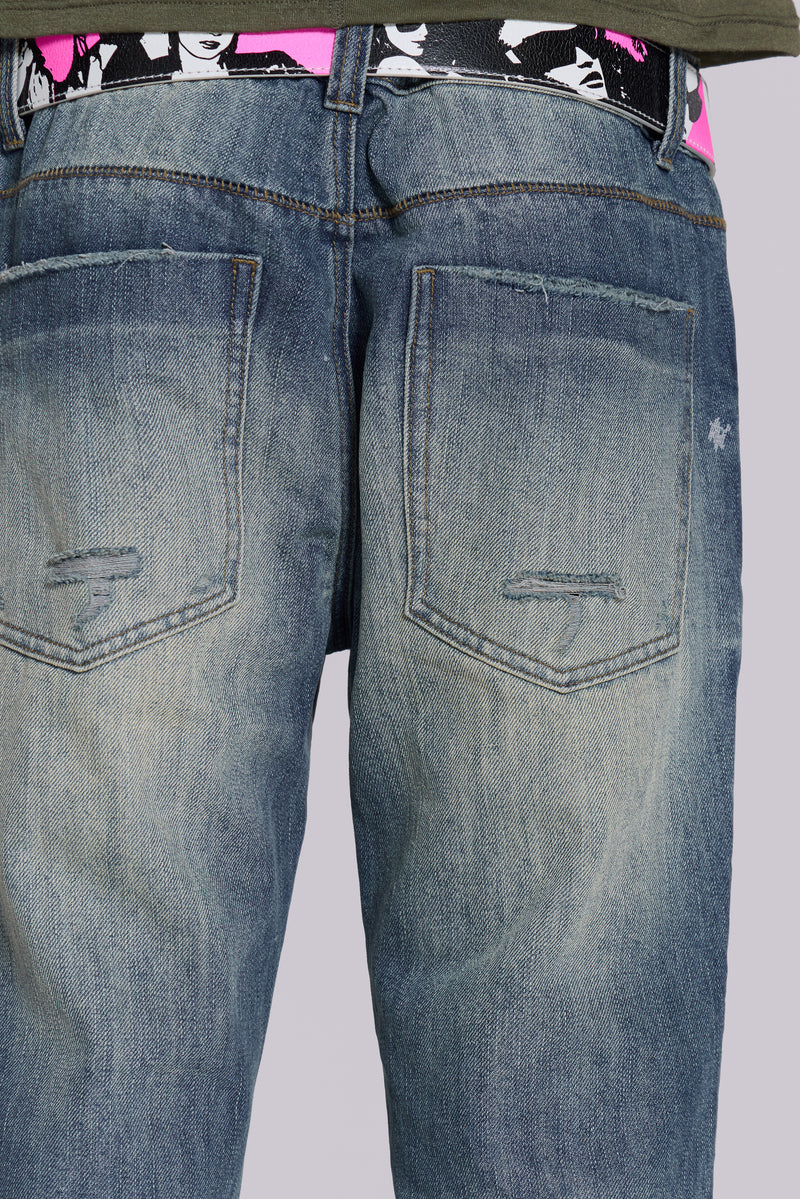 Mid Blue Distressed Creased Drift Flared Jeans