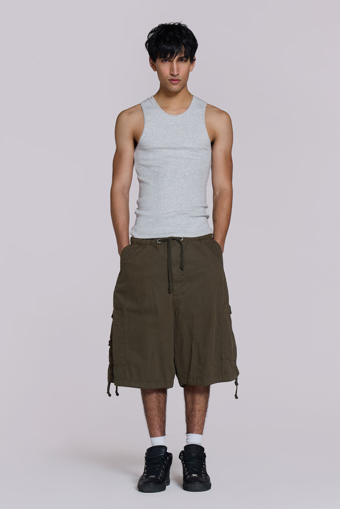 Khaki Parachute Cargo Baggy Shorts