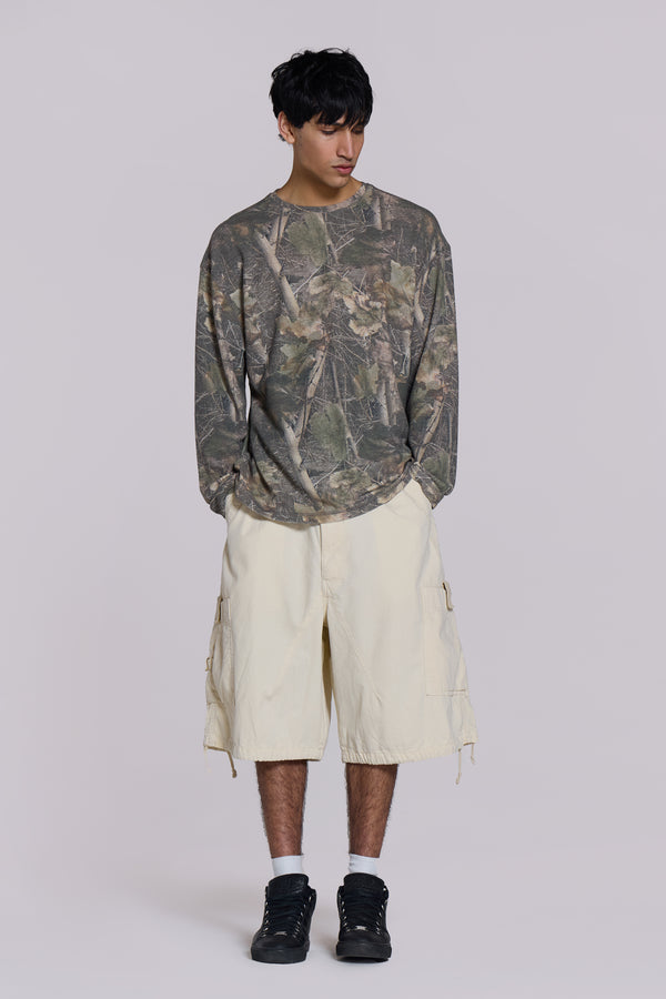 Ecru Parachute Cargo Baggy Shorts