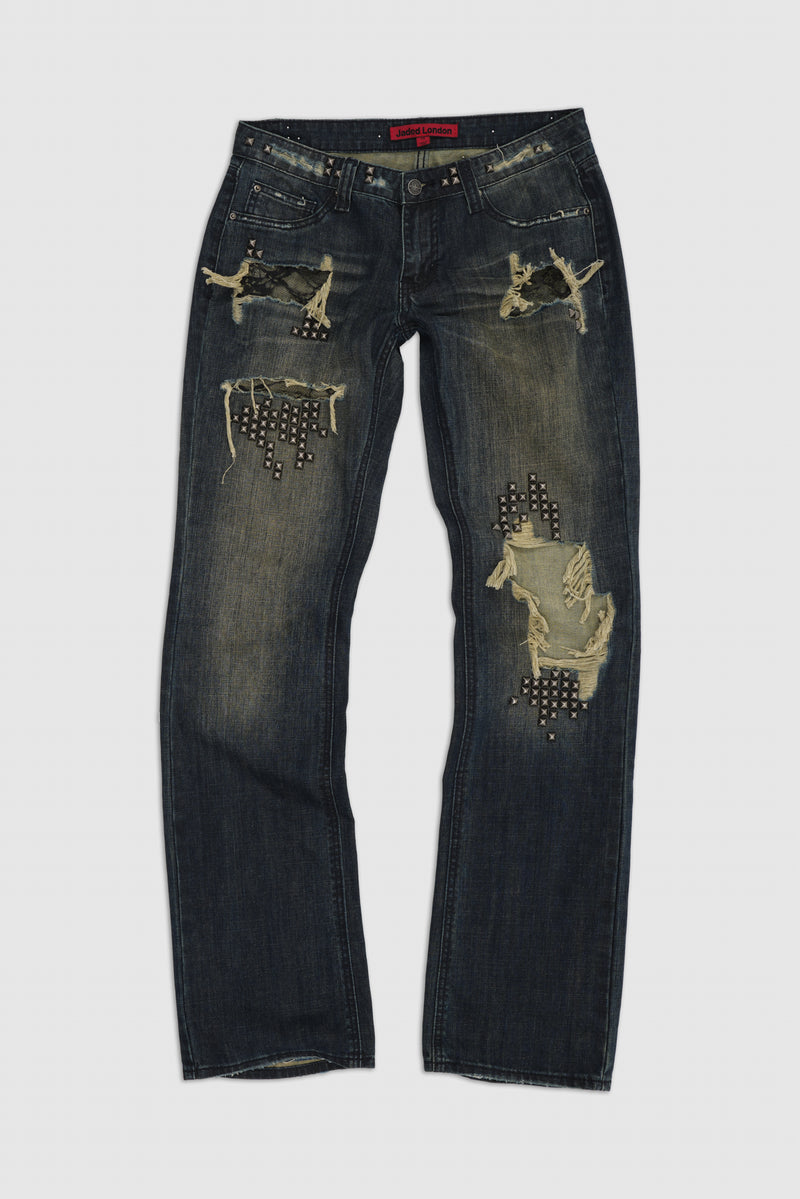 Tori Distressed Lace Low Rise Straight Leg Jeans in Dark Wash
