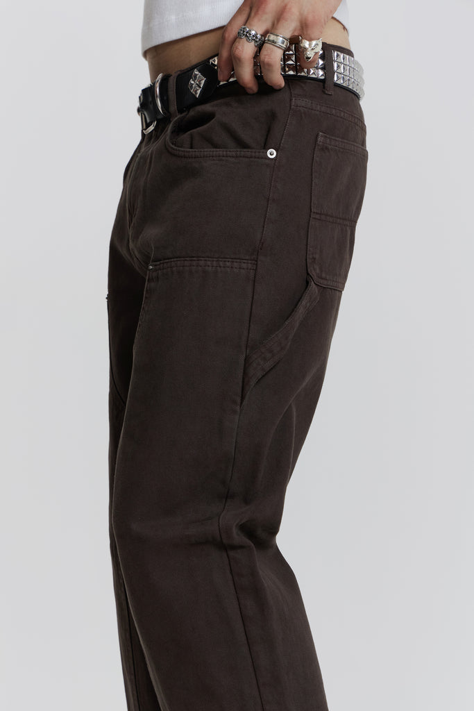 Jaded London Straight Leg Denim Carpenter Jeans in Washed Brown with Hem Insert