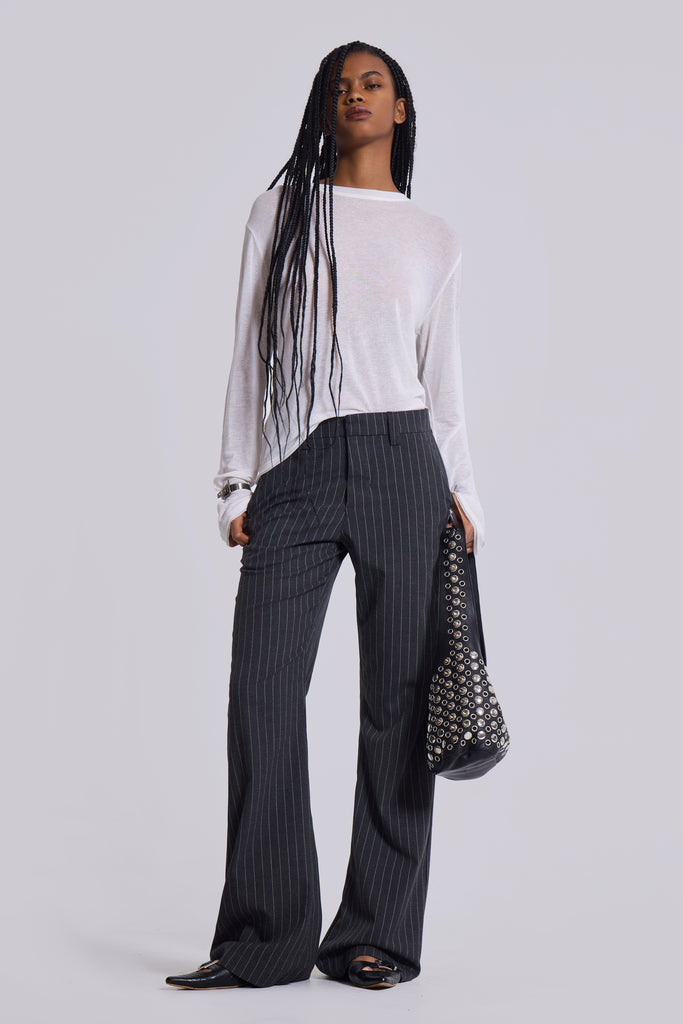 Grey Pinstripe Stacked Bootcut Suit Pants