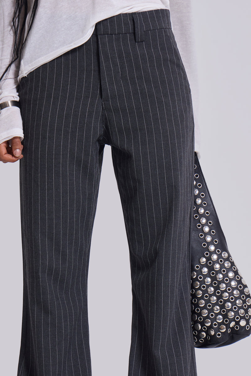 Grey Pinstripe Stacked Bootcut Suit Pants