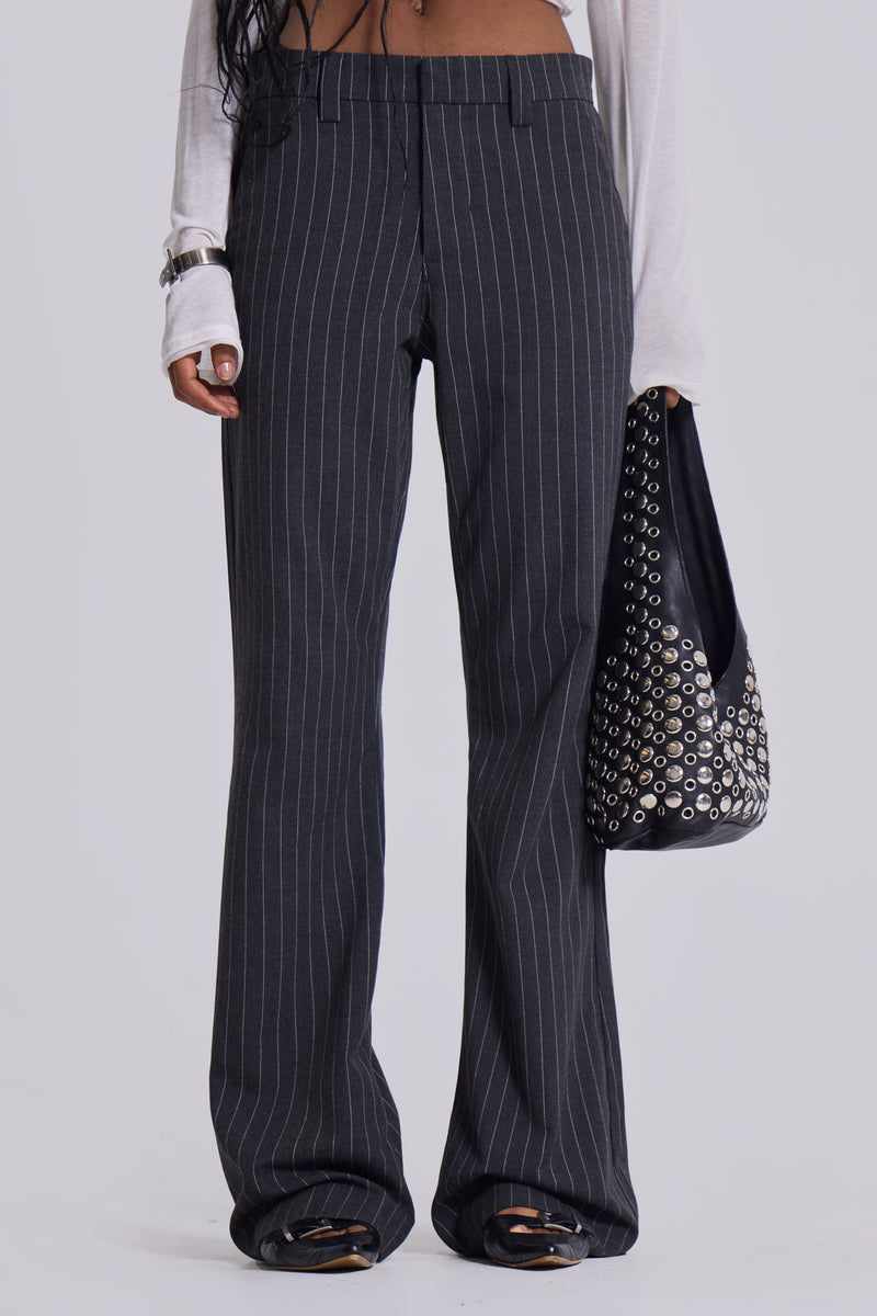 Grey Pinstripe Stacked Bootcut Suit Pants