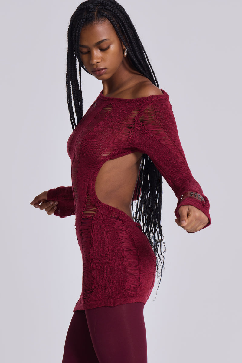 jaded london umbra shredded mini dress Burgundy Umbra Mini Dress