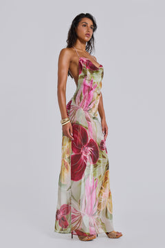 Dahlia Hand-Beaded Backless Chiffon Maxi Dress in Rosa – view 1