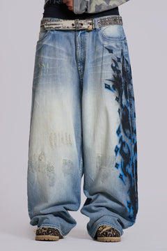 Light Wash Spike Airbrush XL Colossus Jeans - W38 / Blue