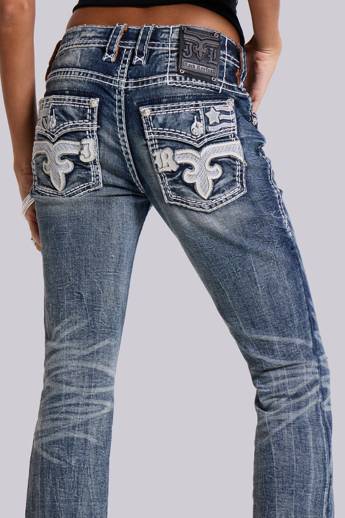 Versace Jeans Bootcut in Denim Lavaggio Scuro con Morsetti Logati 32cm Versace Jeans Bootcut in Denim Lavaggio Scuro con Morsetti Logati 32cm