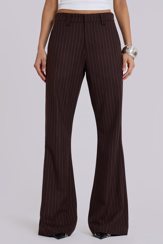 Brown Pinstripe Stacked Bootcut Suit Pants