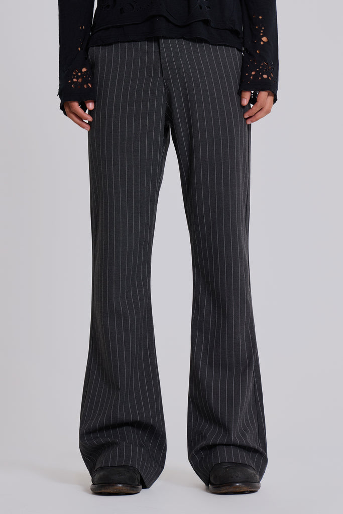 Grey Pinstripe Stacked Bootcut Suit Pants