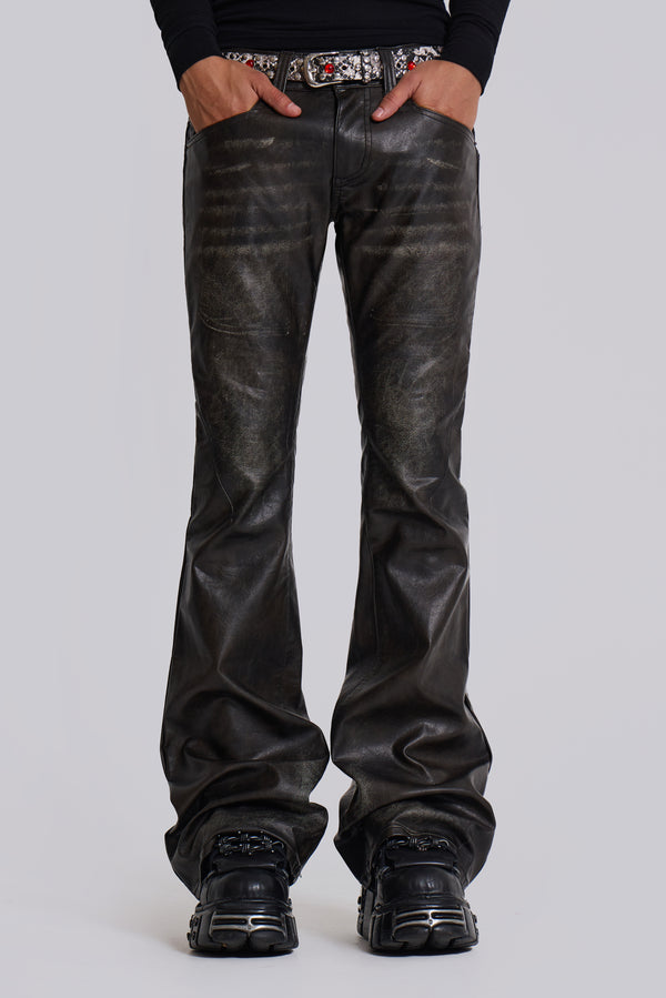 Washed Black PU Drift Flared Jeans