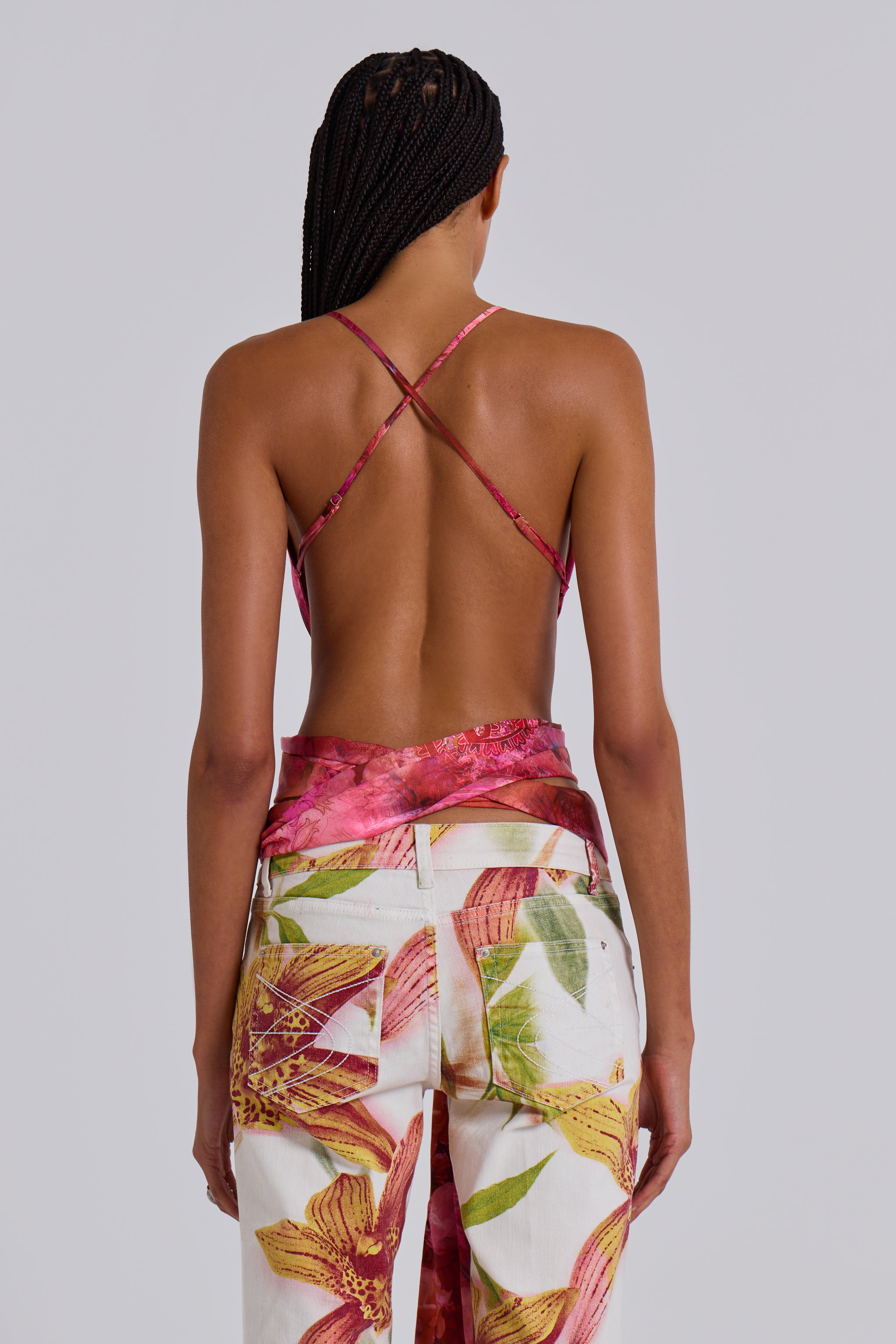 Ayla Satin Backless Plunge Wrap Top In Rosa