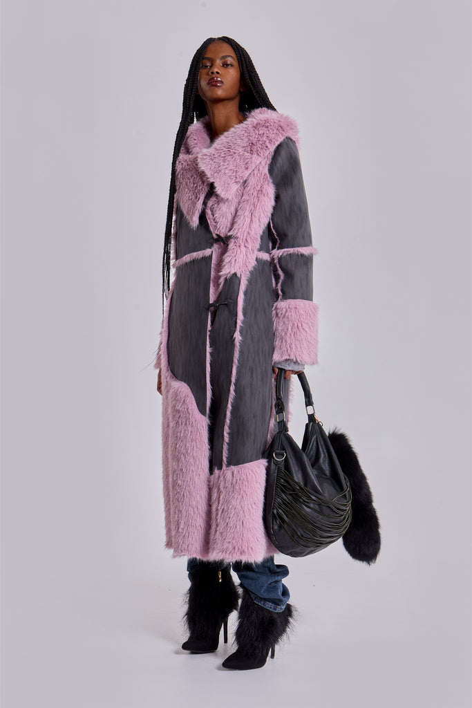 Alise Patchwork Faux Suede and Fur Maxi Coat
