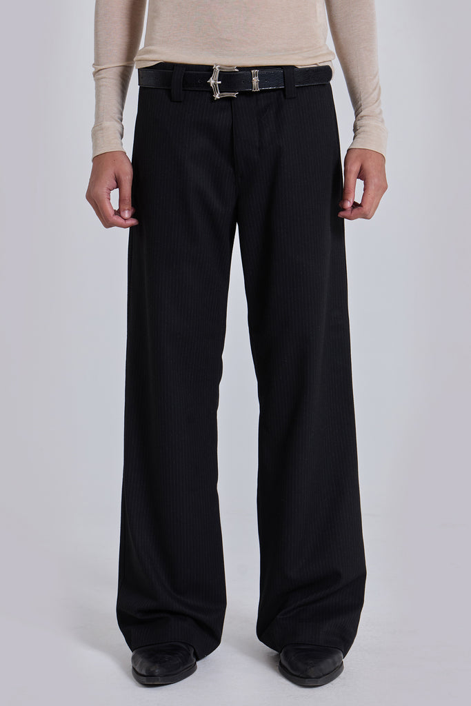 Black Pinstripe Stacked Straight Suit Pants