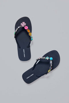 Jewel Charm Flip Flops - UK 4 / Black