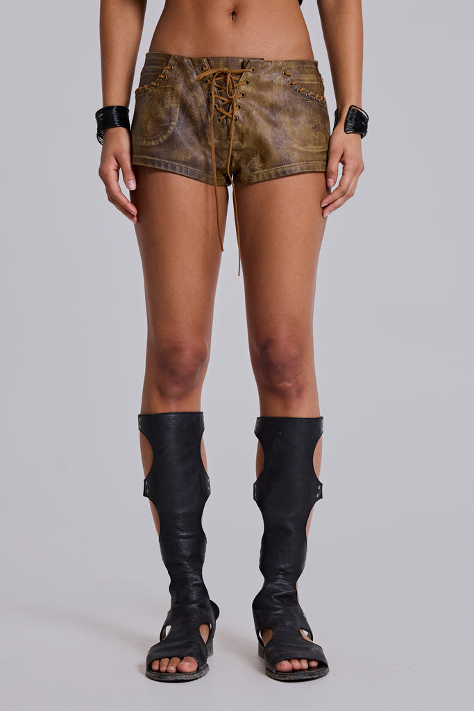 Shop Vaca Whipstitch Faux Leather Mini Shorts | Jaded London