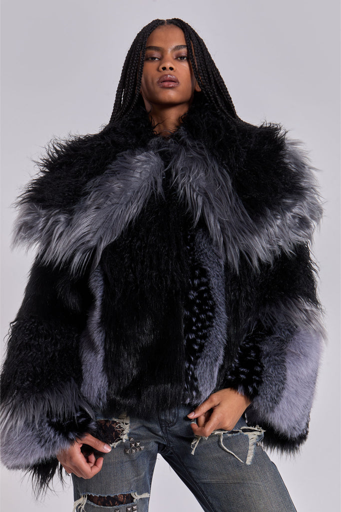 Oksana Patchwork Faux Fur Coat in Black